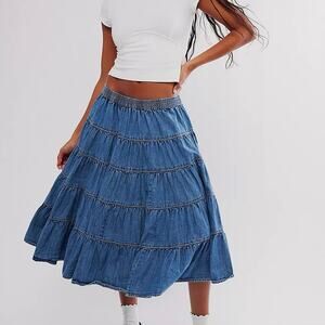 Free People In Full Swing Chambray Denim Midi Skirt M Blue Tiered Cotton Boho